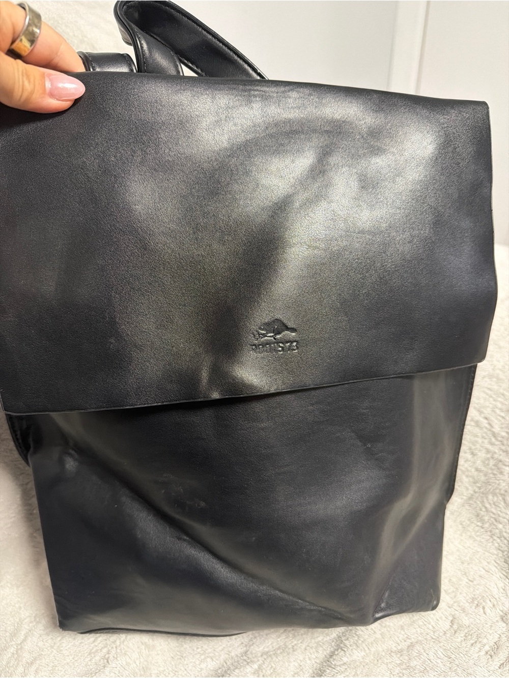 Roots 73 Black Faux-Leather Flapover Backpack / Knapsack